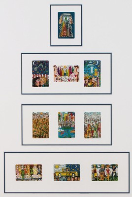 James Rizzi, 1950-2011, 10 Telefonkarten, je handsign., 7 davon num., Auflage 500, je 8,5x5,5 cm, im Arrangement unter Glas gerahmt, gesamt 87,5x67,5 ...