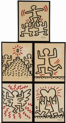 Keith Haring, 1958-1990, 5 Lithografien aus der Serie Sali Adalat auf Pergamin, je drucksign., teils dat. Aug. 1982, Blattgr. 29x23 cm, Blätter ...