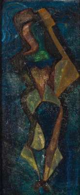 Russischer Künstler, Kubistische Figur, Öl/Malkarton, rechts unten kyrillisch sign. und dat. (19)41, ca. 38x17,8 cm, Rahmen