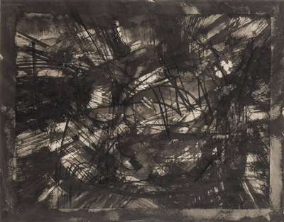 Fred Thieler, 1916 Königsberg-1999 Berlin, Abstrakte Komposition, Mischtechnik mit Tuschpinsel auf Papier, re unten sign., ca. 49x63,5cm, unter Glas ...