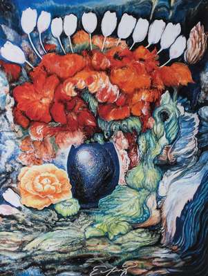 Ernst Fuchs, 1930-2015, Bouquet mit weißen Tulpen, Giclee/Lwd, handsign., num. 118/300, Blattgr. 79,5x60,5 cm