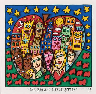 James Rizzi, 1950-2011, The Big and Little Apple, 3D-Konstruktion, handsign., dat. 94, betitelt, num. 95/350, Motiv 25x26,5 cm, unter Glas gerahmt ...
