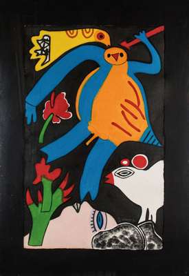 Corneille (Cornelis van Beverloo), 1922 Lüttich-2010 Auvers-sur-Oise, Komposition mit Frauenkopf, Vögel, Fantasiewesen und Blumen, handkolorierter ...