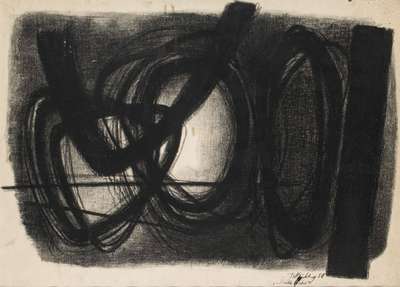 Jürgen von Hündeberg, 1922 Dresden-1996 München, Dunkle Wirbel, Kohle auf Papier, re unten sign. und betitelt, PP-Ausschnitt 62x86cm, unter Glas ...