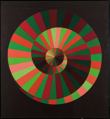 Viktor Vasarely, 1906-1997, Olympiaspirale, Farbsiebdruck von 1972, Durchmesser 63 cm, im runden schwarzen Passepartout unter Glas gerahmt, gesamt ...