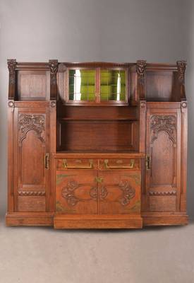 Repräsentatives Jugendstil-Buffet, deutsch, um1910/20, Eiche massiv, auf Rahmen gearbeitet, bestehend aus 5 Teilen, 2 Seitenschränke mit frei ...
