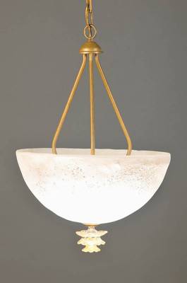 Deckenlampe, Murano, 2. Hälfte 20. Jh., großer Glasschirm mit opakweißen Einschmelzungen, in Steinglasoptik, Metallmontur patiniert, drei ...