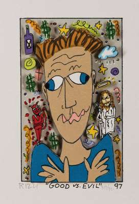 James Rizzi, 1950-2011, Good vs. Evil, 3D- Lithografie, handsign., dat. 97, num. 312/350, Motiv 10,5x6,5 cm, Blattgr. 17x12,5 cm