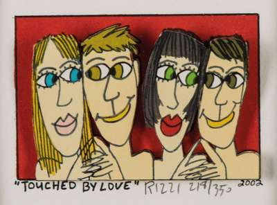 James Rizzi, 1950-2011, Touched by Love, 3D-Lithografie, handsign., dat. 2002, num. 218/350, Motiv 5,5x7,5 cm, unter Glas gerahmt,gesamt 25,5x25 cm