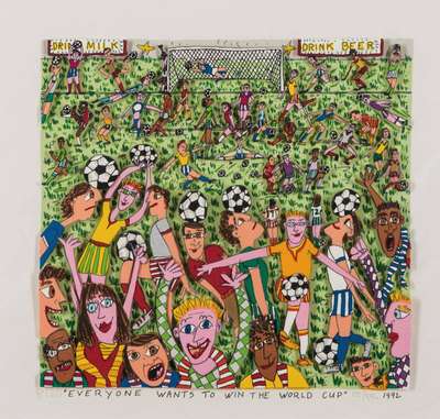 James Rizzi, 1950-2011, Everyone wants to win the Worldcup, 3D-Lithografie, handsign., dat. 1992, num. 112/350, Motiv 22x23 cm, Blattgr. 30x30 cm
