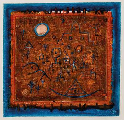 Hans Rudolf Strupler, 1935-2015, Kleine Stadt im Orient, Tempera auf Papier, re unten monogram. HST., Blattgr. 34x34,5 cm, unter Glas gerahmt, gesamt ...