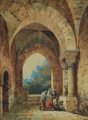 Biedermeiermaler um 1830, Andacht, Aquarell, betende Familie vor Marienskulptur, gekonnte Darstellung der Zerfallsmetaphorik, gute Wiedergabe der ...
