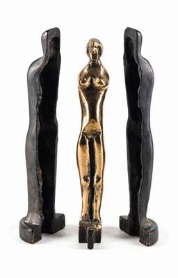 Helmut Lander, 1924 Weimar-2013 Darmstadt, Stehender, 3-teilige Skulptur, Bronze und Eisen, monogram. La, ca. 28x8x8 cm