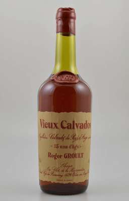 1 Flasche Vieux Calvados 15 ans d'Age, Roger Groult, ca. 70 cl, 41 % Vol., Abstand zwischen Kapselwachs und Wein: ca. 6,5 cm, Etikett l. ...