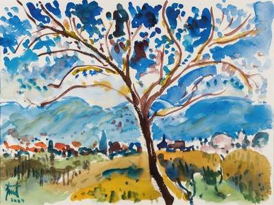 Georg Günther Zeuner, 1923 Dresden - 2011 Speyer, Landschaft, Aquarell, sign., dat. 2004, PP-Ausschnitt ca. 34x44,5 cm, unter Glas gerahmt, gesamt ...