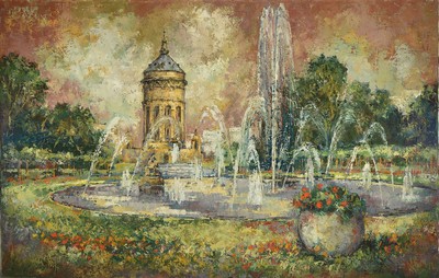 Herbert Hofmann-Welborn, 1925-2001, Blick auf den Mannheimer Wasserturm, Öl/Lwd, rechts unten signiert und dat. 73, ca. 82x 126cm, R.