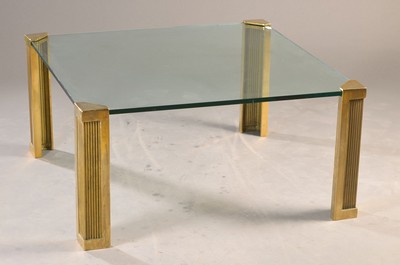 Couch- / Sofatisch "T14", Entwurf Peter Ghyczy, 1973, Messing glänzend poliert, Glasplatte mit kleinen Bestoßungen,