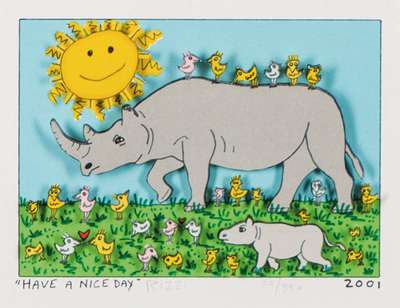 James Rizzi, 1950-2011, Have A Nice Day, 3D-Lithografie, handsign., dat. 2001, num. 10/350, Motiv ca. 11,5x16 cm, unter Glas gerahmt, gesamt 40x42,5 ...