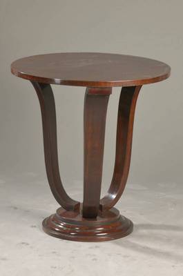 Beistelltisch im Art-Deco-Stil, 20.Jh., massives Palisanderholz, Sockelplatte getreppt, 3 ausgeschweifte Stützen, sehr dekorativ, H. ca. 68 cm, D. ...