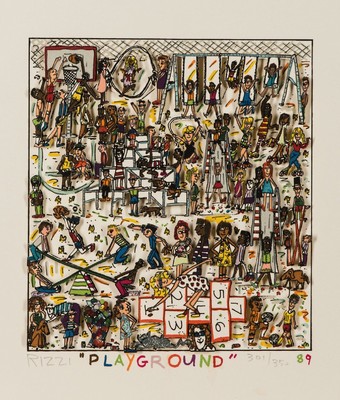 James Rizzi, 1950-2011, Playground, 3-D Konstruktion von 1989, handsigniert und nummeriert 301/350, Blattgrösse ca. 24x22cm, Motivgrösse ca. ...