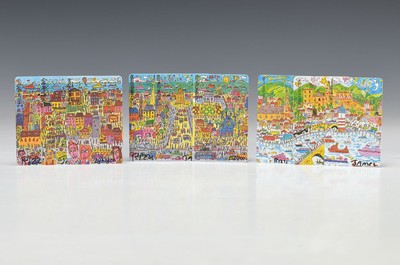 James Rizzi, 1950-2011, Konvolut aus 3 Sets Telefonkarten aus der Städteserie, jeweils handsigniert und nummeriert, Heilbronn 246/300, Mannheim ...