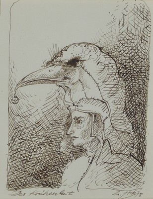 Werner Holz, 1948 Grünstadt/Pfalz-1991 Ludwigshafen, Der Krähenhut, Federzeichnung,betitelt, signiert und datiert 1978, ca. 12x 9cm, u.Gl., R.