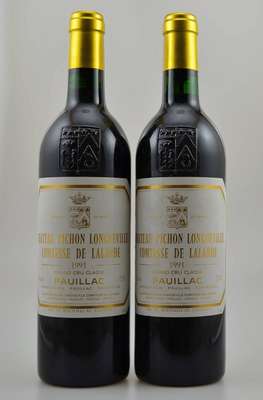 2 Flaschen 1991 Chateau Pichon Longueville Comtesse de Lalande, Pauillac, Grand Cru Classe, je ca. 75 cl, 12,5 % Vol., Füllstände: je ca. into ...