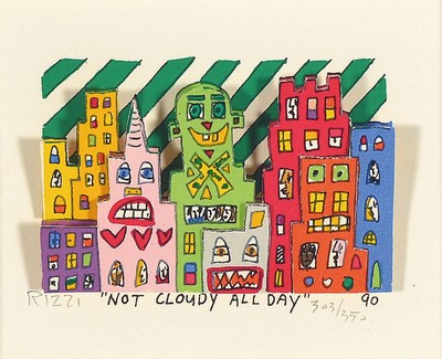 James Rizzi, 1950-2011, Not Cloudy All Day, 3D-Konstruktion, handsign., num. 303/350, dat. 90, Motiv 8,5x10,5 cm, unter Glas gerahmt, gesamt 25x27,5 ...
