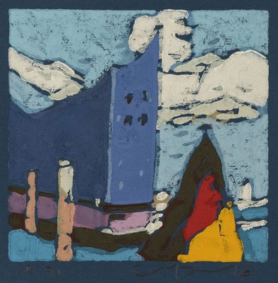 Klaus Fussmann, geb. 1938, Elbphilharmonie, Farblinolschnitt, handsign., bezeichnet e.a., Blattgr. 18,5x18 cm