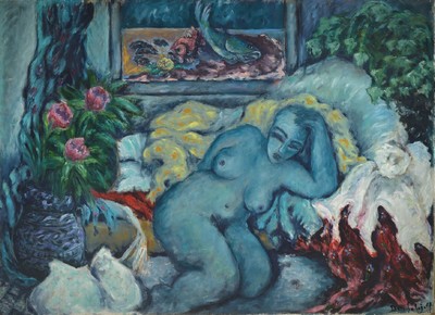 Dan Solojoff, 1908 - 1994, weiblicher Akt, Öl/Lwd, sog. Bild im Bild, hinter dem liegenden Akt, hängt noch ein Stillleben mit Fischen an der Wand, ...