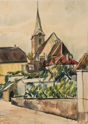 Karl Hufnagel, 1906-1995, Kirche, Aquarell, sign., dat. 1929, Blattgr. 51x36,5 cm, rechte Ecke geknickt, im PP
