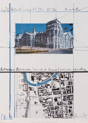 Christo, geb. 1935, Wrapped Reichstag, Farboffset, im Druck sign. und dat. 1992, zusätzlich handsign., Blattgr. 70x50 cm