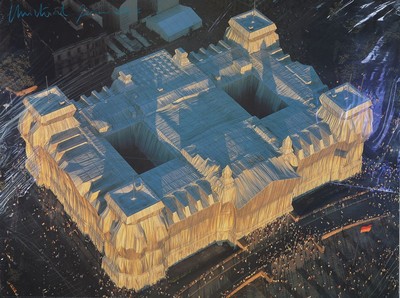 Christo und Jeanne-Claude, Der verhüllte Reichstag, Farboffset, handsign. von beiden Künstlern, Blattgr. 60x80 cm, re Ecke leicht geknickt