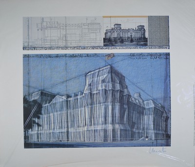 Christo, geb. 1935, Wrapped Reichstag, Farboffset der Collage, handsign., Blattgr. 70x80 cm