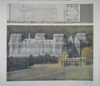 Christo, geb. 1935, Wrapped Reichstag, Farboffset der Collage, handsign., Blattgr. 70x80 cm