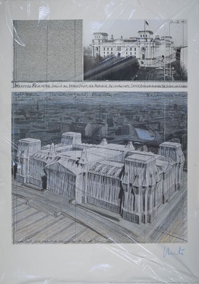 Christo, geb. 1935, Wrapped Reichstag, Farboffset, handsign., Blattgr. 100x70 cm