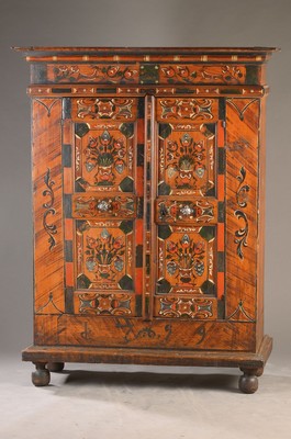 Bauernschrank, wohl Österreich, 18.Jh., dat. 1799, Weichholzkorpus polychrom gefaßt, 2-türig, Innen 5 Einlegeböden, orig. Schnappschloss mit ...