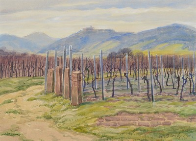 Werner Brand, geb. 1933 Löbau, Wingert an der Weinstraße mit Blick, auf das Hambacher Schloß, Aquarell, re. u. signiert, ca. 31 x 42 cm/53 x, 62.5 ...