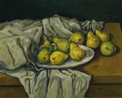Werner Brand, geb. 1933 Löbau, Stillleben mit Birnen, Öl/Lwd, re. u. signiert, 40 x 50 cm/48 x 58 cm, Rahmen