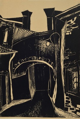 Gernot Rumpf, geb. 1941 in Kaiserslautern, hier eine Zeichnung und ein Holzschnitt, Häuseransicht, auf Zeichenblockpapier, altersbedingt ...