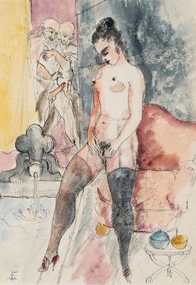 Monogrammist FM, Serie aus 5 aquarellierte Tuschzeichnungen mit stark erotischen Darstellungen, je monogram., datiert (19)89, ca. 24,5x35 cm, je ...