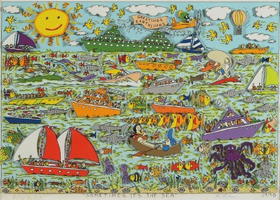 James Rizzi, 1950-2011, Sometimes it`s the sea, 3D-Lithografie, handsign., num. XX/L, dat. 1996, ca. 21x30 cm, unter Glas gerahmt, gesamt 37x46 cm