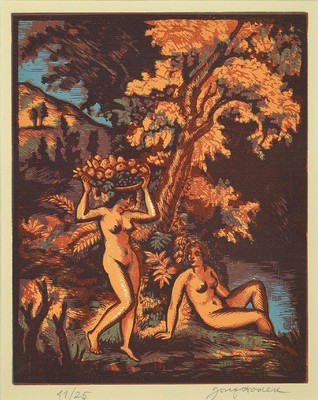 Josef Hodek, 1888-1973, Quellen des Frühlings, Konvolut aus 2 Farbholzschnitten, je handsign., num. 11/25, ca. 29x23 cm, je unter Glas gerahmt, ...