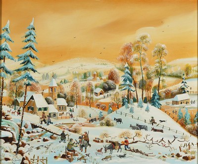 Janos, Winter, im Stile der naive Malerei, Öl/Lwd, sign., ca. 46x55 cm, Rahmen