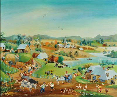 Janos, Sommer, im Stile der naive Malerei, Öl/Lwd, sign., ca. 46x55 cm, Rahmen