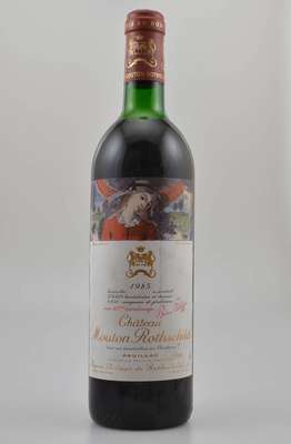 1 Flasche 1985 Chateau Mouton Rothschild, Pauillac, Premier Grand Cru Classe, Füllstand: ca. top shoulder, unverkostet, Künstleretikett von Paul ...
