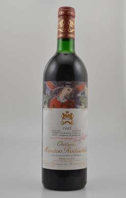1 Flasche 1985 Chateau Mouton Rothschild, Pauillac, Premier Grand Cru Classe, Füllstand: ca. top shoulder, unverkostet, Künstleretikett von Paul ...