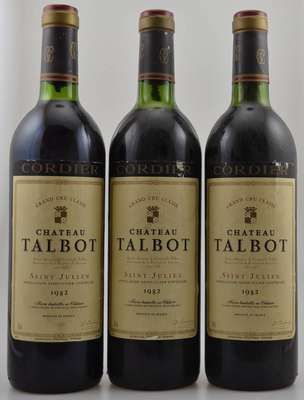 3 Flaschen 1982 Chateau Talbot, Saint-Julien Grand Cru Clssee, je ca. 75 cl, Füllstände: je ca. top shoulder, Etiketten min. besch., unverkostet