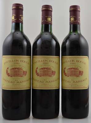 3 Flaschen 1986 Pavillon Rouge du Chateau Margaux, 2. Wein von Chateau Margaux, je ca. 75 cl, 12,5 % Vol., Füllstände: ca. top shoulder, unverkostet