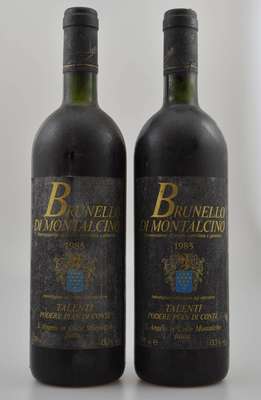 2 Flaschen 1985 Telenti Brunello Di Montalcino Podere Pian Di Conte, je ca. 75 cl, 13,5 % Vol., Füllstände: je ca. top shoulder, Etiketten ...
